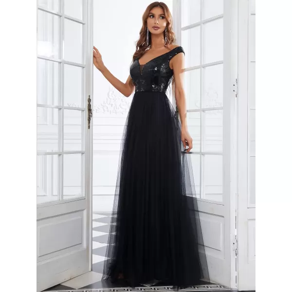 EverPretty Womens V Neck Sequin Tulle A Line Evening Formal Dress 0277Black