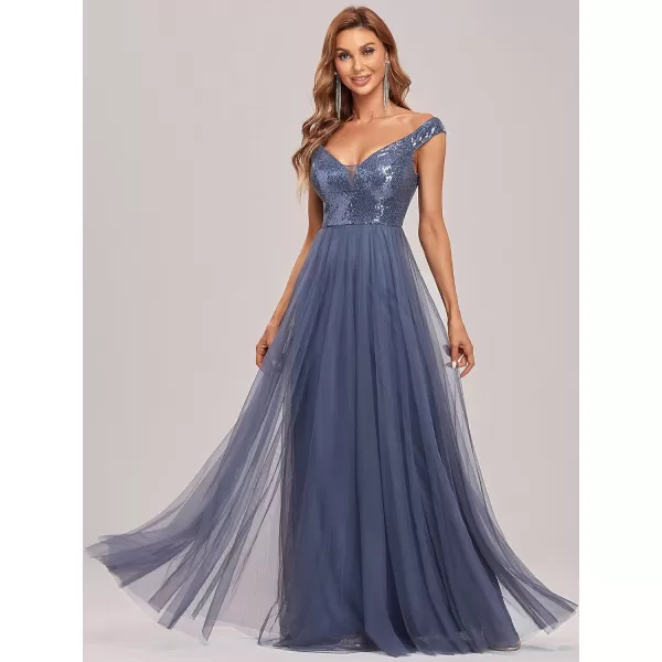 EverPretty Womens V Neck Sequin Tulle A Line Evening Formal Dress 0277Dusty Navy