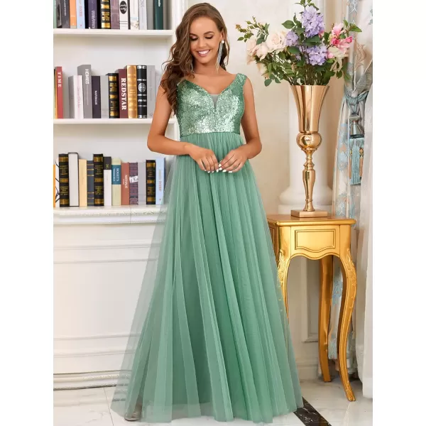 EverPretty Womens V Neck Sequin Tulle A Line Evening Formal Dress 0277Mild Green