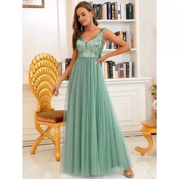 EverPretty Womens V Neck Sequin Tulle A Line Evening Formal Dress 0277Mild Green