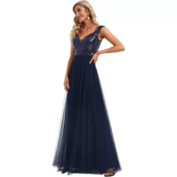 EverPretty Womens V Neck Sequin Tulle A Line Evening Formal Dress 0277Navy Blue