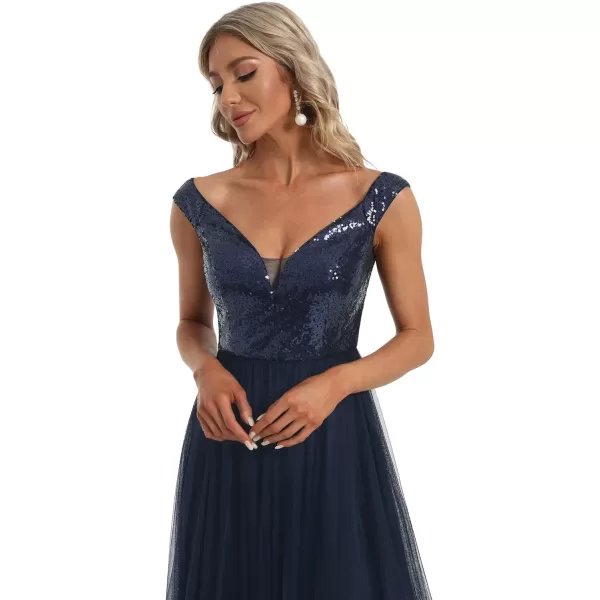 EverPretty Womens V Neck Sequin Tulle A Line Evening Formal Dress 0277Navy Blue