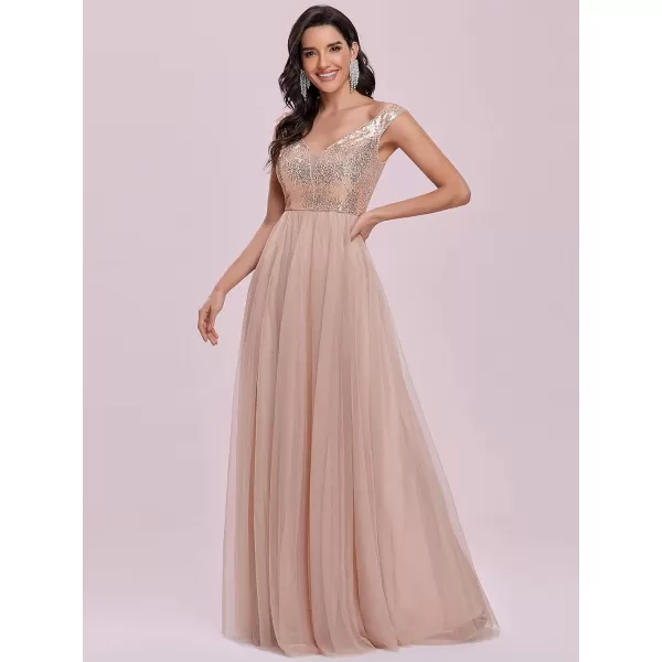 EverPretty Womens V Neck Sequin Tulle A Line Evening Formal Dress 0277Rose Gold