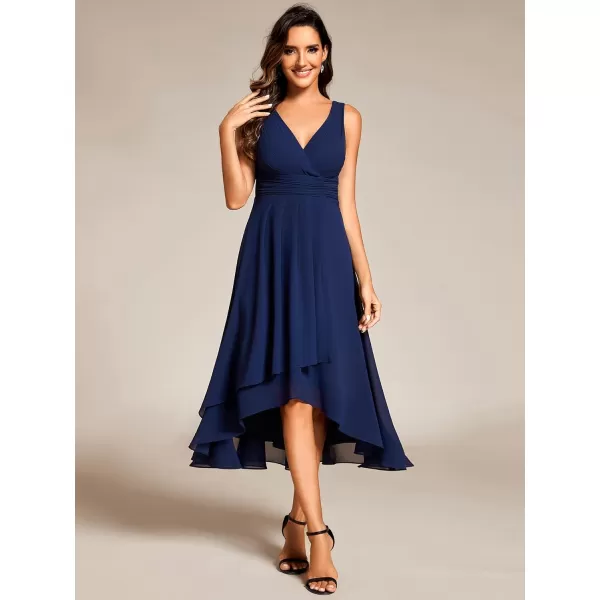 EverPretty Womens V Neck Sleeveless Empire Waist Semi Formal Dress Pleated Chiffon Wedding Guest Dresses 61926Navy Blue