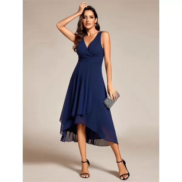 EverPretty Womens V Neck Sleeveless Empire Waist Semi Formal Dress Pleated Chiffon Wedding Guest Dresses 61926Navy Blue