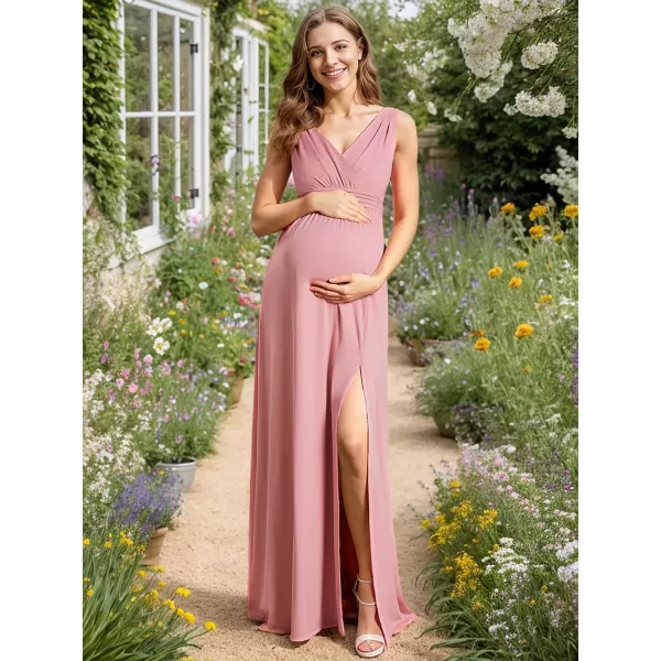 EverPretty Womens V Neck Sleeveless Ruched Slit A Line Summer Maxi Maternity Casual Dresses 01861Dusty Rose