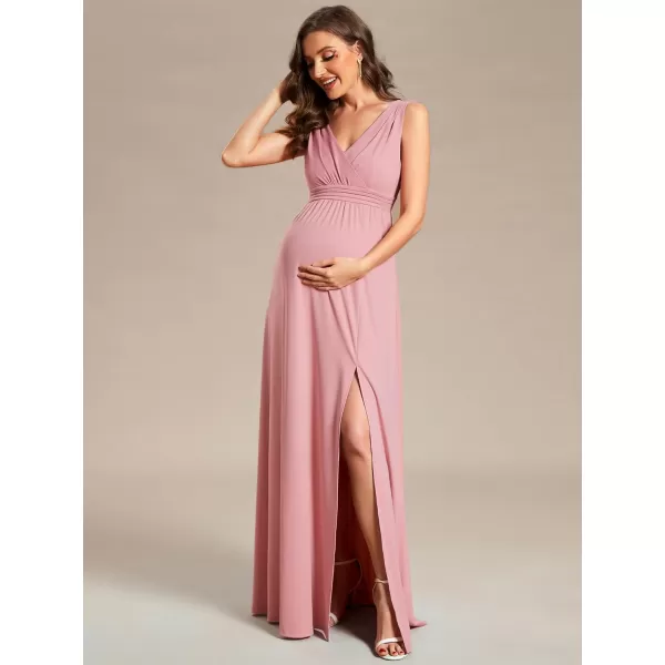 EverPretty Womens V Neck Sleeveless Ruched Slit A Line Summer Maxi Maternity Casual Dresses 01861Dusty Rose