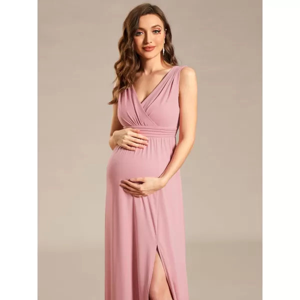 EverPretty Womens V Neck Sleeveless Ruched Slit A Line Summer Maxi Maternity Casual Dresses 01861Dusty Rose