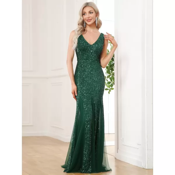 EverPretty Womens V Neck Sleeveless Sequin Maxi Mermaid Tulle Prom Dress 0188ADark Green