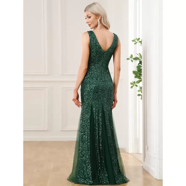 EverPretty Womens V Neck Sleeveless Sequin Maxi Mermaid Tulle Prom Dress 0188ADark Green