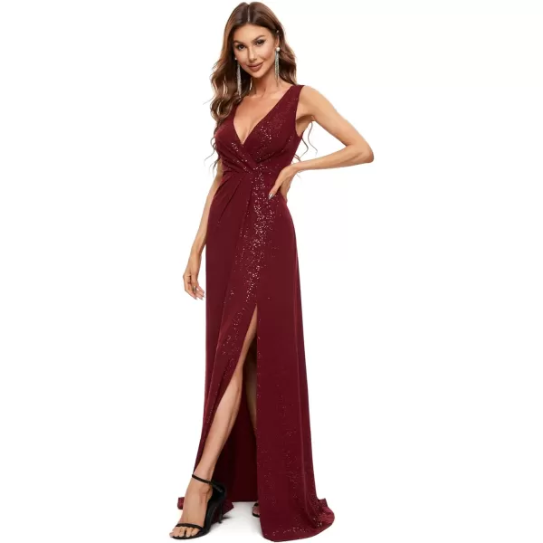 EverPretty Womens VNeck Glitter Dress Side Split Evening Dress 7505Burgundy