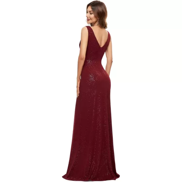 EverPretty Womens VNeck Glitter Dress Side Split Evening Dress 7505Burgundy