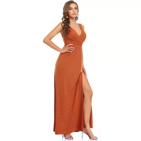 EverPretty Womens VNeck Glitter Dress Side Split Evening Dress 7505Burnt Orange