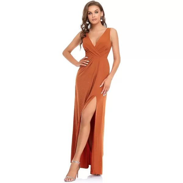 EverPretty Womens VNeck Glitter Dress Side Split Evening Dress 7505Burnt Orange