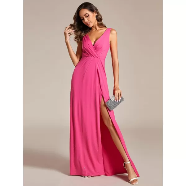 EverPretty Womens VNeck Glitter Dress Side Split Evening Dress 7505Hot Pink