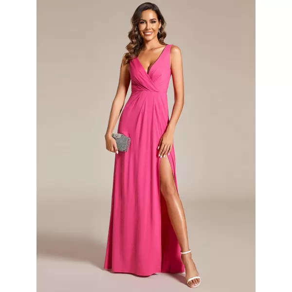 EverPretty Womens VNeck Glitter Dress Side Split Evening Dress 7505Hot Pink