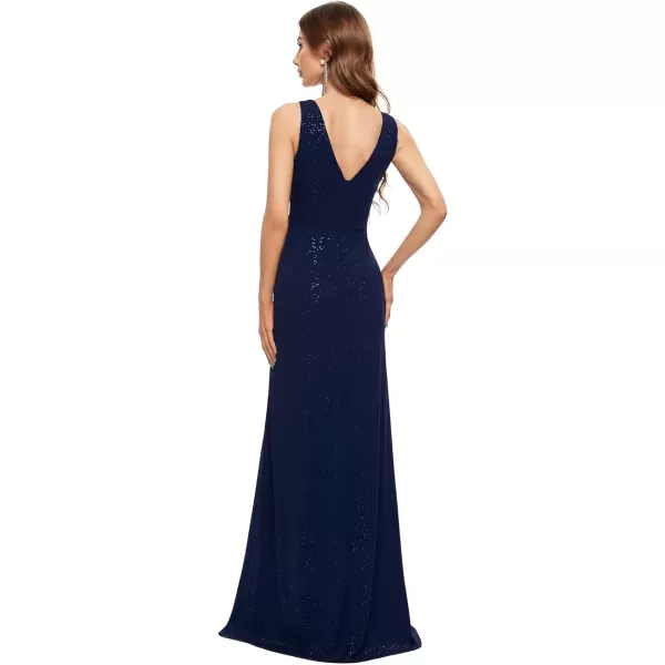 EverPretty Womens VNeck Glitter Dress Side Split Evening Dress 7505Navy