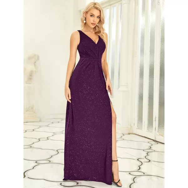 EverPretty Womens VNeck Glitter Dress Side Split Evening Dress 7505Purple