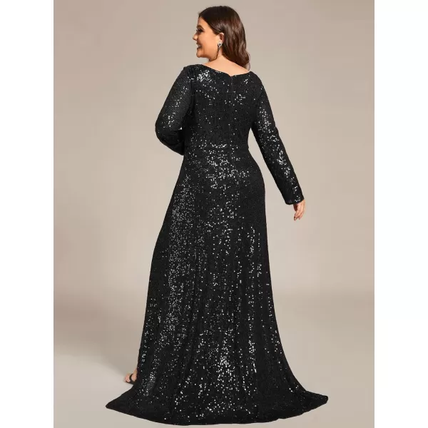 EverPretty Womens VNeck Sequin Long Sleeve Plus Size Formal Evening Dress 50146Black