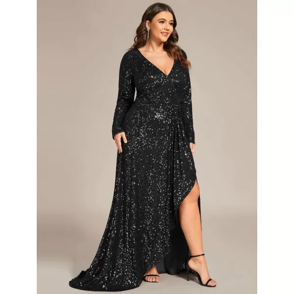 EverPretty Womens VNeck Sequin Long Sleeve Plus Size Formal Evening Dress 50146Black