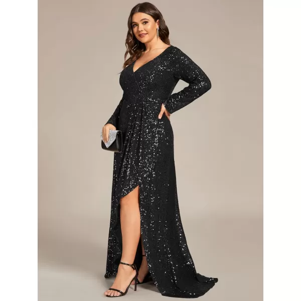 EverPretty Womens VNeck Sequin Long Sleeve Plus Size Formal Evening Dress 50146Black