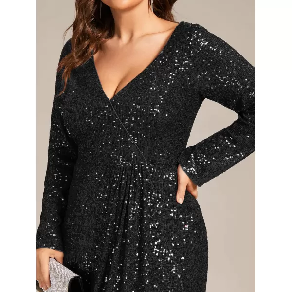 EverPretty Womens VNeck Sequin Long Sleeve Plus Size Formal Evening Dress 50146Black