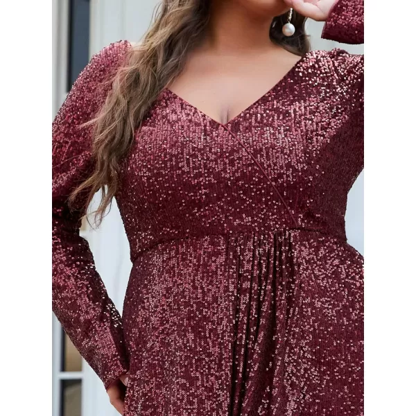 EverPretty Womens VNeck Sequin Long Sleeve Plus Size Formal Evening Dress 50146Burgundy