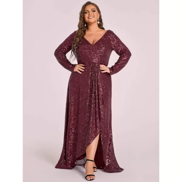 EverPretty Womens VNeck Sequin Long Sleeve Plus Size Formal Evening Dress 50146Burgundy