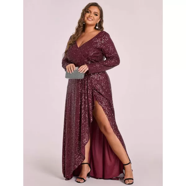 EverPretty Womens VNeck Sequin Long Sleeve Plus Size Formal Evening Dress 50146Burgundy