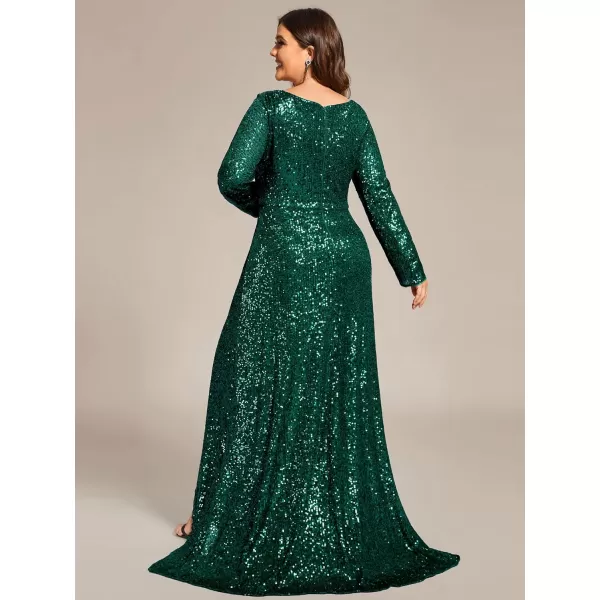 EverPretty Womens VNeck Sequin Long Sleeve Plus Size Formal Evening Dress 50146Dark Green