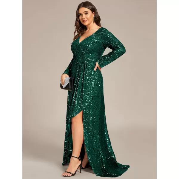 EverPretty Womens VNeck Sequin Long Sleeve Plus Size Formal Evening Dress 50146Dark Green