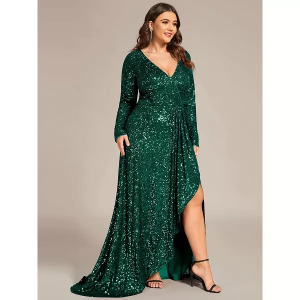 EverPretty Womens VNeck Sequin Long Sleeve Plus Size Formal Evening Dress 50146Dark Green