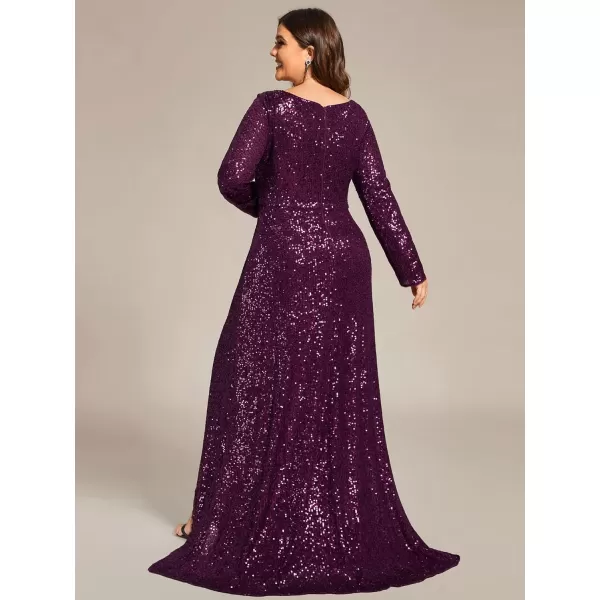 EverPretty Womens VNeck Sequin Long Sleeve Plus Size Formal Evening Dress 50146Deep Purple