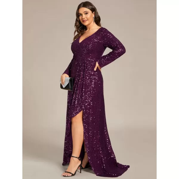 EverPretty Womens VNeck Sequin Long Sleeve Plus Size Formal Evening Dress 50146Deep Purple