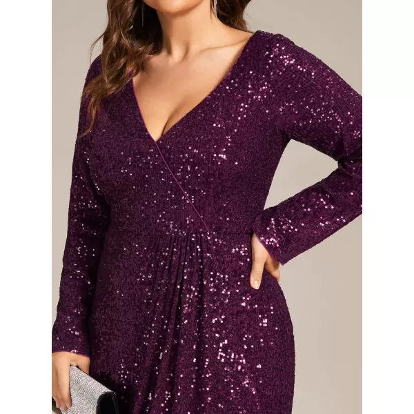 EverPretty Womens VNeck Sequin Long Sleeve Plus Size Formal Evening Dress 50146Deep Purple