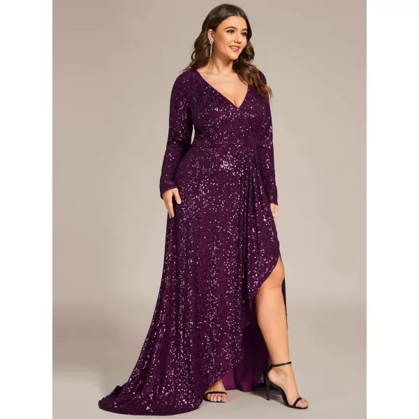 EverPretty Womens VNeck Sequin Long Sleeve Plus Size Formal Evening Dress 50146Deep Purple