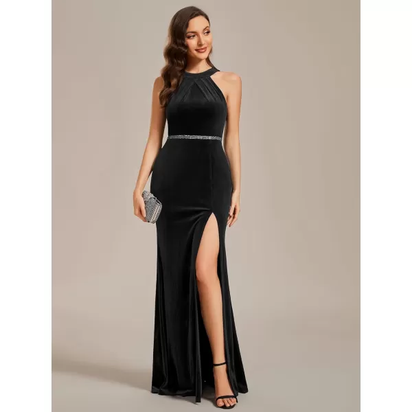 EverPretty Womens Vintage Ruched Halter Side Slit Mermaid Velvet Evening Dresses with Belt 01958Black