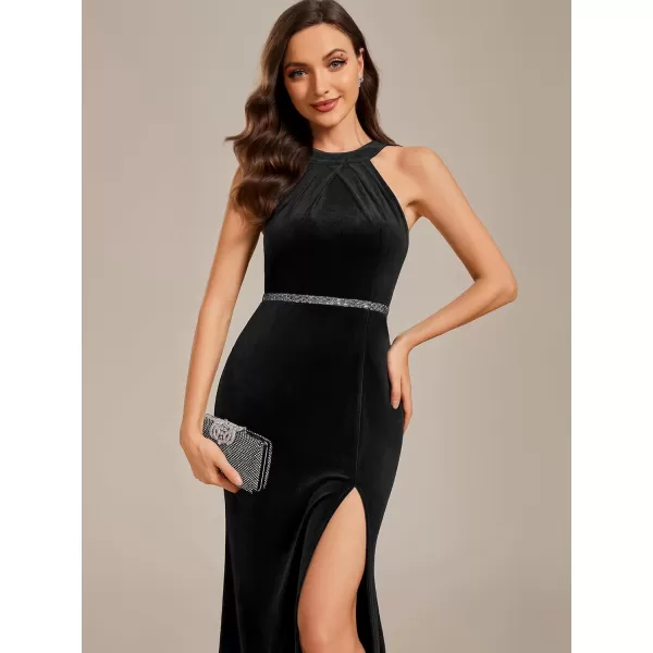 EverPretty Womens Vintage Ruched Halter Side Slit Mermaid Velvet Evening Dresses with Belt 01958Black