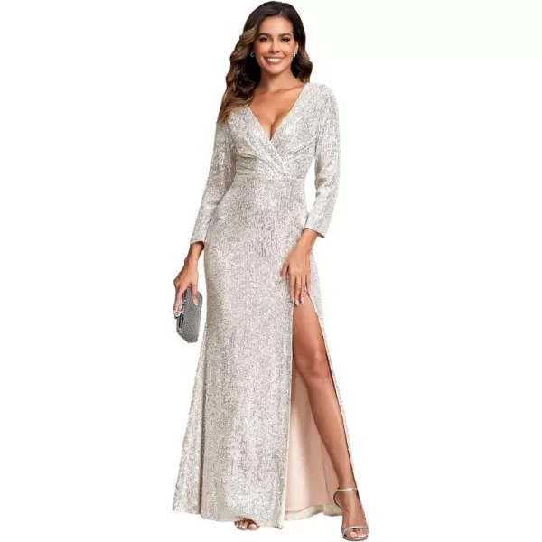 EverPretty Women Sequin Evening Dress Long Sleeve Side Split Evening Gowns 0824Champagne