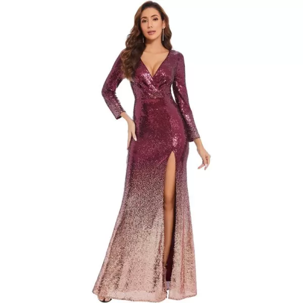 EverPretty Women Sequin Evening Dress Long Sleeve Side Split Evening Gowns 0824Gradient Burgundy