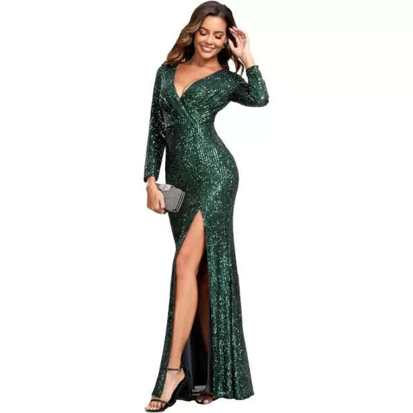 EverPretty Women Sequin Evening Dress Long Sleeve Side Split Evening Gowns 0824Green