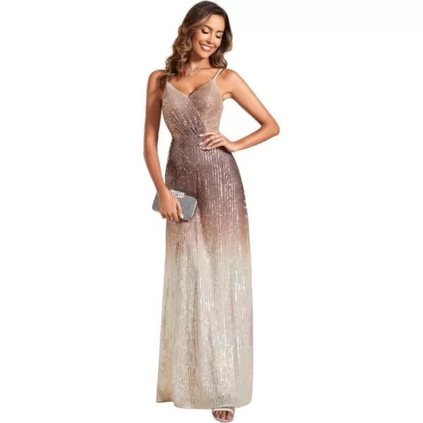 EverPretty Women Sequin Evening Dress Long Sleeve Side Split Evening Gowns 0824Khaki