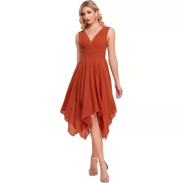 EverPretty Women V Neck Ruched Irregular Hem A Line Chiffon Short Cocktail Dress 03142USBurnt Orange