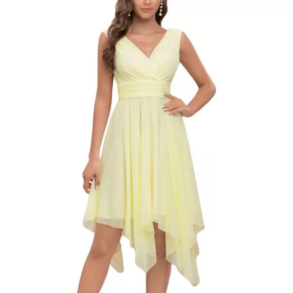 EverPretty Women V Neck Ruched Irregular Hem A Line Chiffon Short Cocktail Dress 03142USYellow