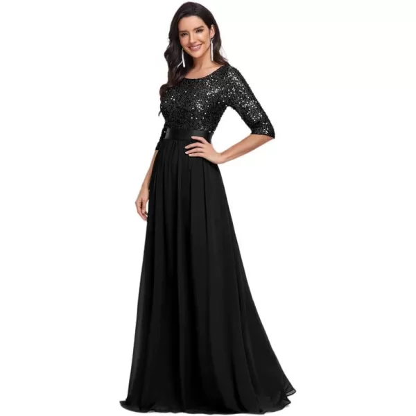 EverPretty Womens A Line Crew Neck Half Sleeve Sequin Maxi Evening Dress 0683Black