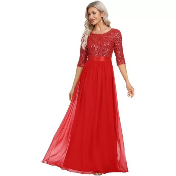 EverPretty Womens A Line Crew Neck Half Sleeve Sequin Maxi Evening Dress 0683Red