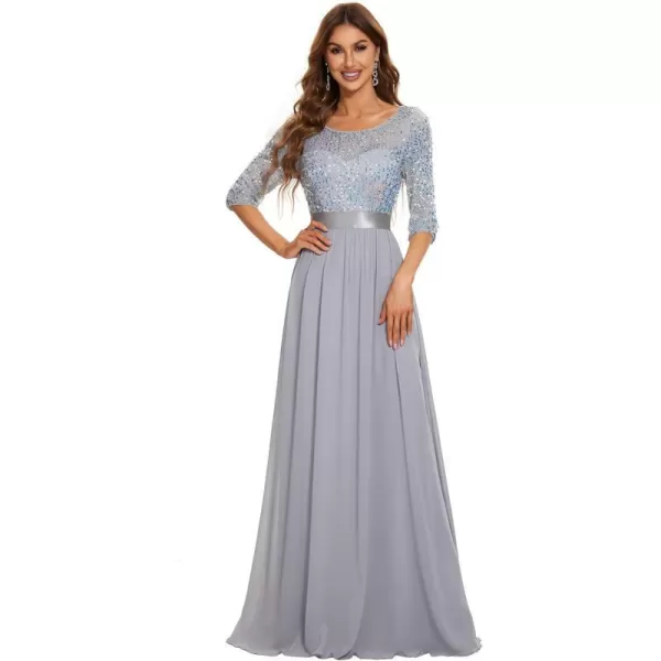 EverPretty Womens A Line Crew Neck Half Sleeve Sequin Maxi Evening Dress 0683Silver