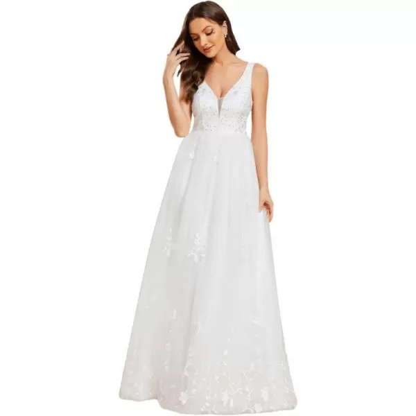 EverPretty Womens A Line V Neck Sleeveless Embroidery Long Wedding Dress 02005White