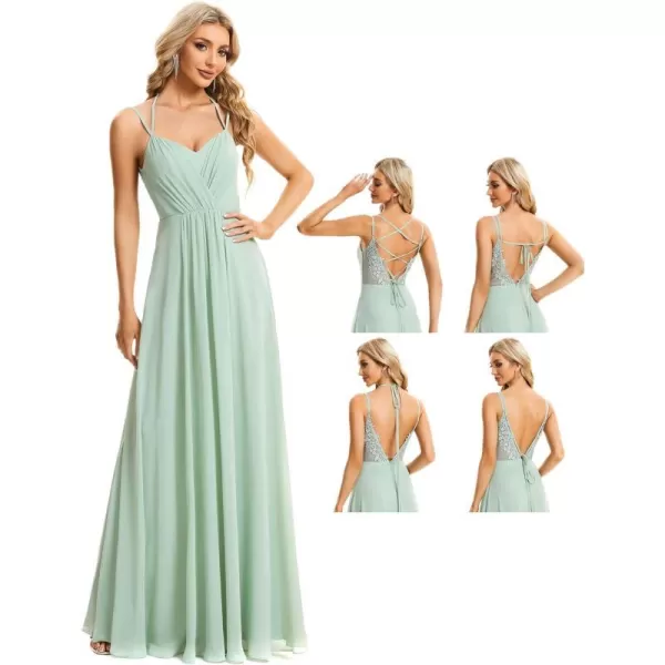 EverPretty Womens Chiffon Ruched V Neck Sleeveless Appliques Spaghetti Strap Backless ALine Bridesmaid Dresses 01692Mint Green