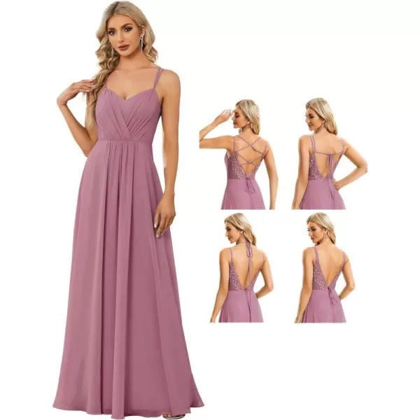 EverPretty Womens Chiffon Ruched V Neck Sleeveless Appliques Spaghetti Strap Backless ALine Bridesmaid Dresses 01692Orchid